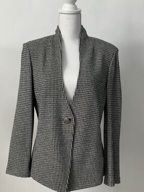St. John Black White Tweed Single Button Blazer Jacket Luxury Size 10